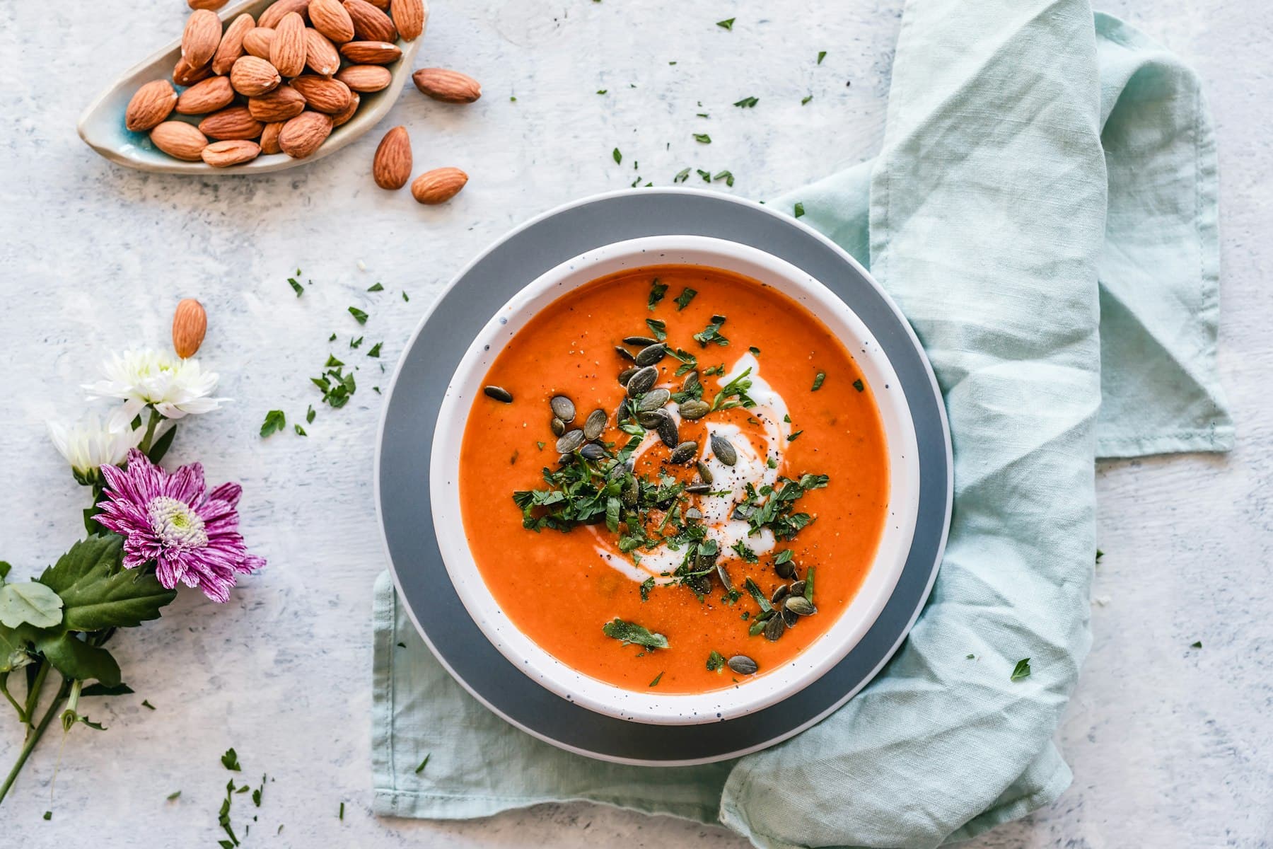 A bowl of homemade soup on the counter